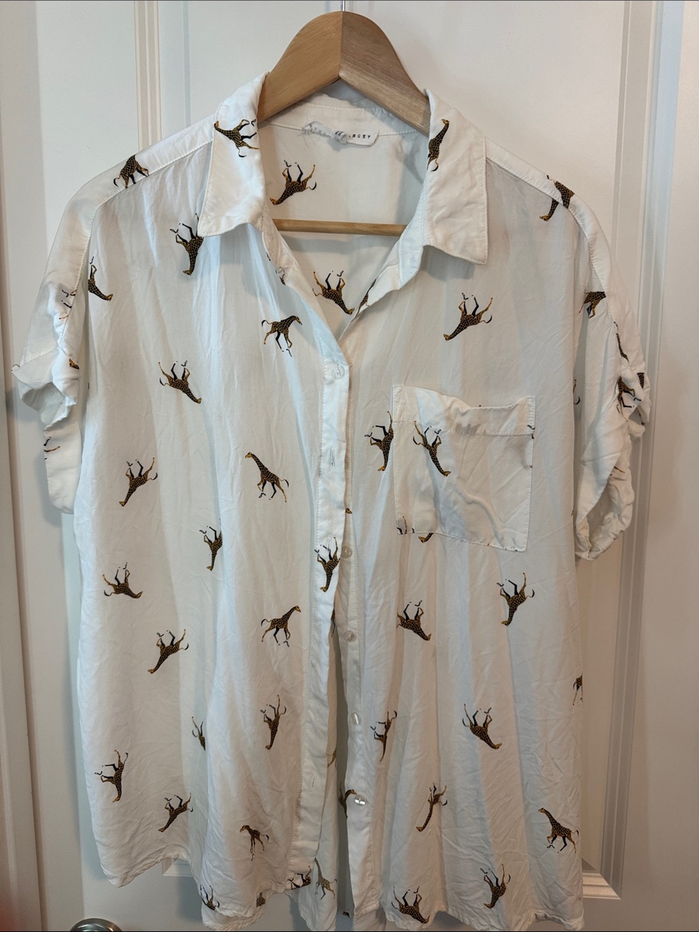 White Short-Sleeve Button-Up Shirt with Giraffe Print